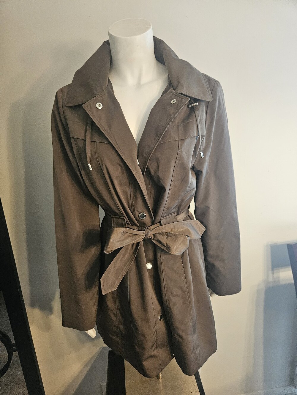 London Fog Women's Hooded Trench Coat with Waist Tie
